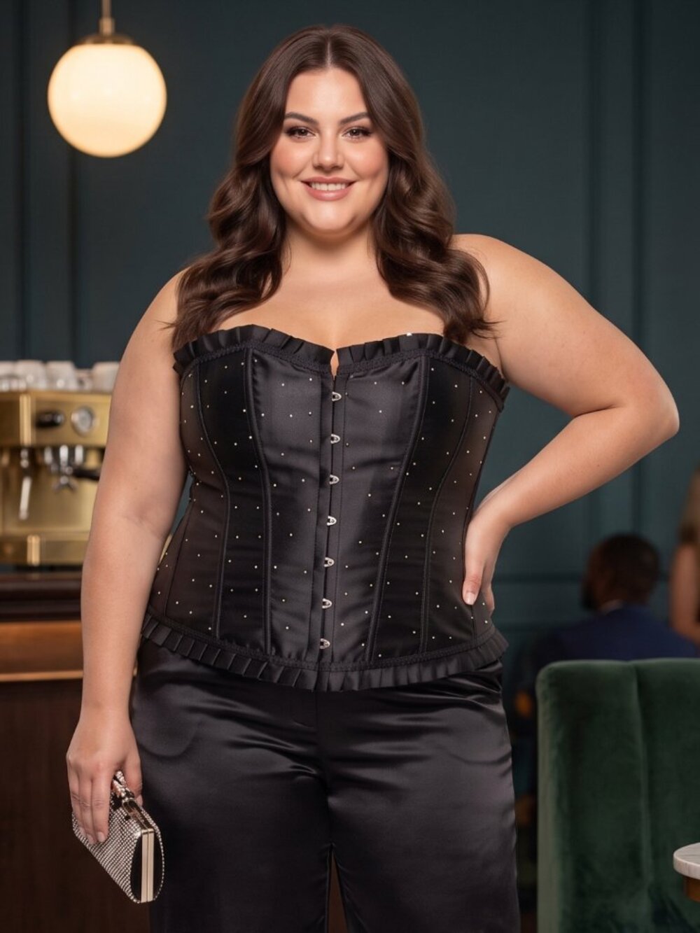 Plus Size Black Rhinestone Boned Corset Top Bustier Lace Up Satin Ribbon Back 4X